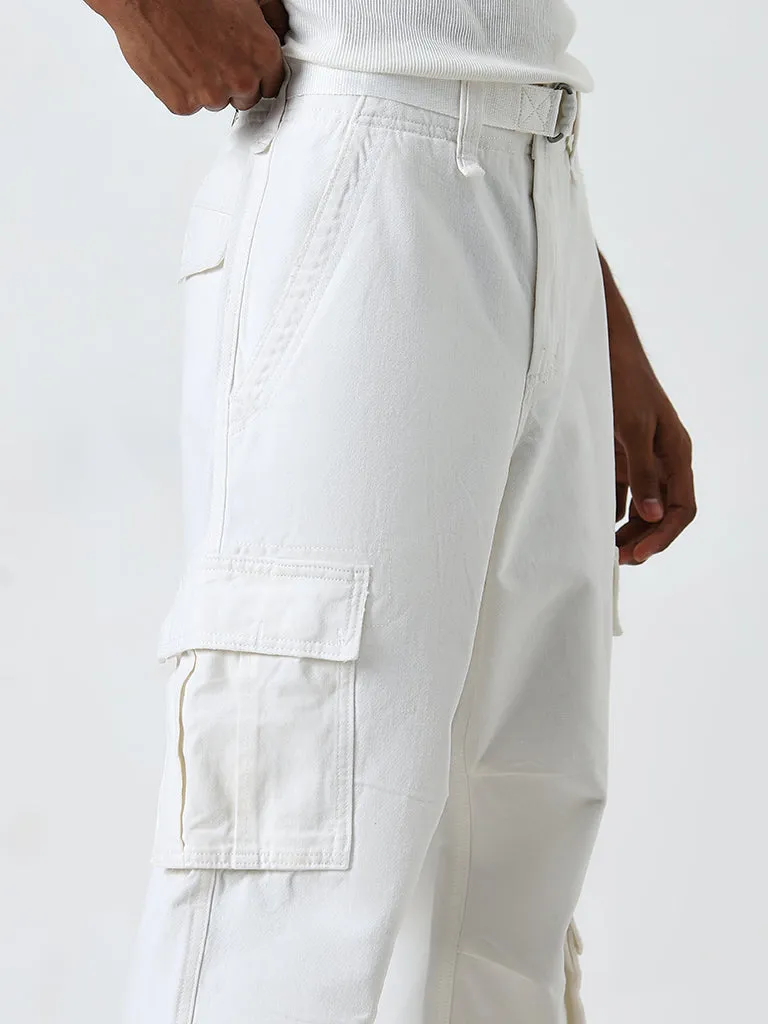 Nuon White Cargo-Style Relaxed-Fit Mid-Rise Cotton Chinos