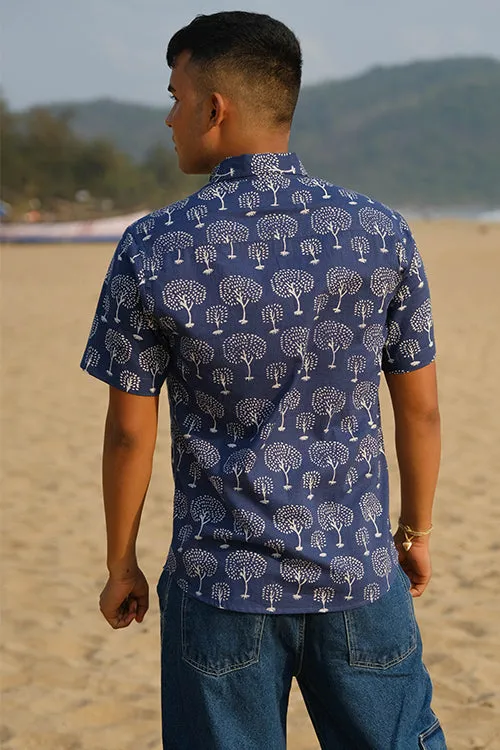 Okhai "Blue Timber" Handblock Printed Half-Sleeved Pure Cotton Shirt