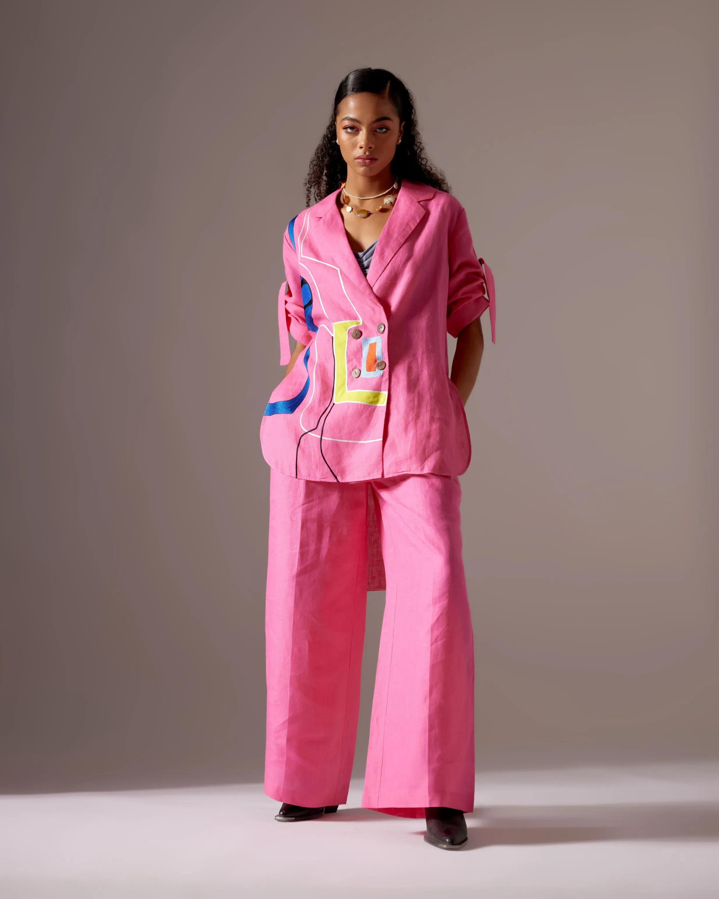 PINK LINEN LINES SHIRT FIT JACKET CO-ORD