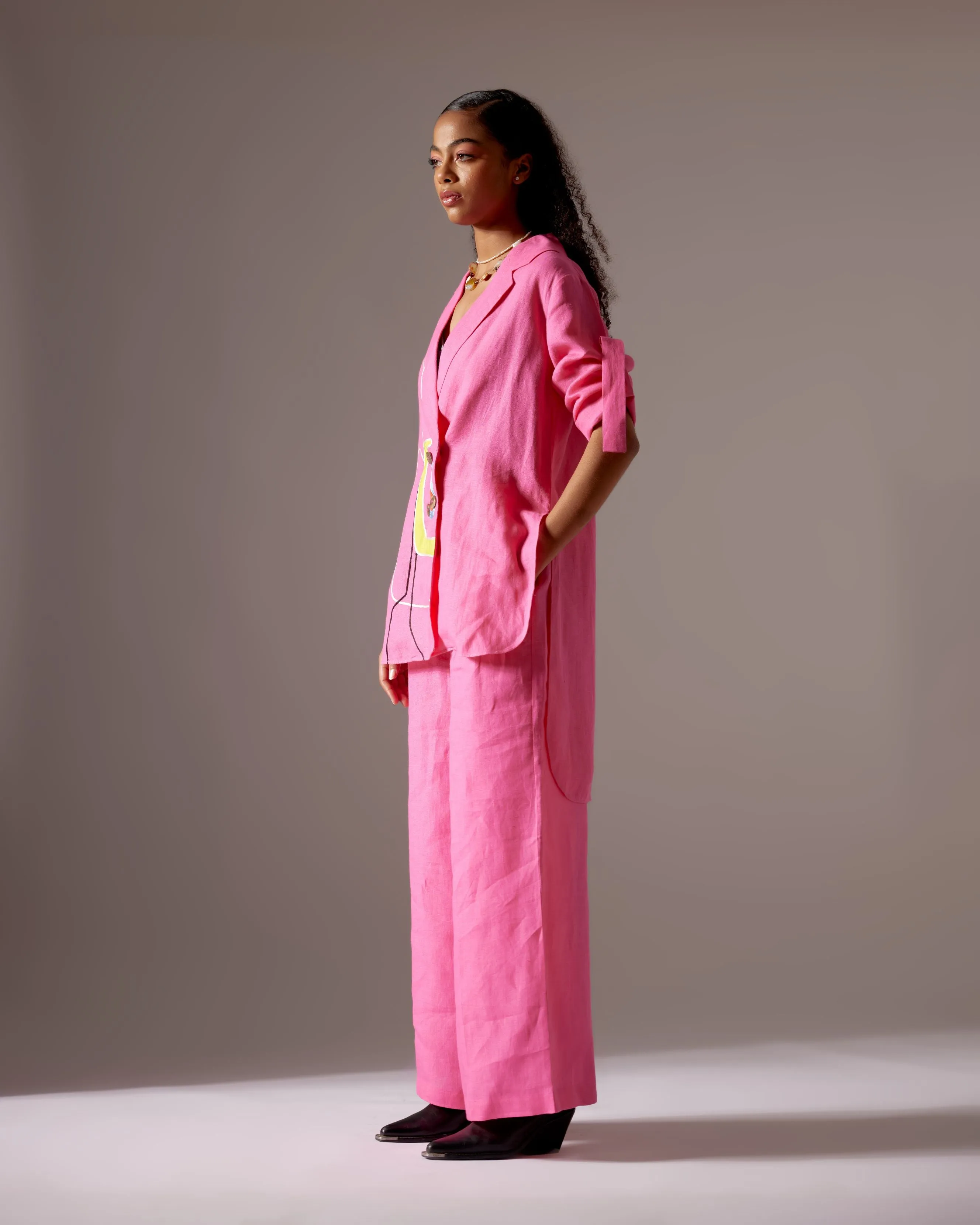 PINK LINEN LINES SHIRT FIT JACKET CO-ORD