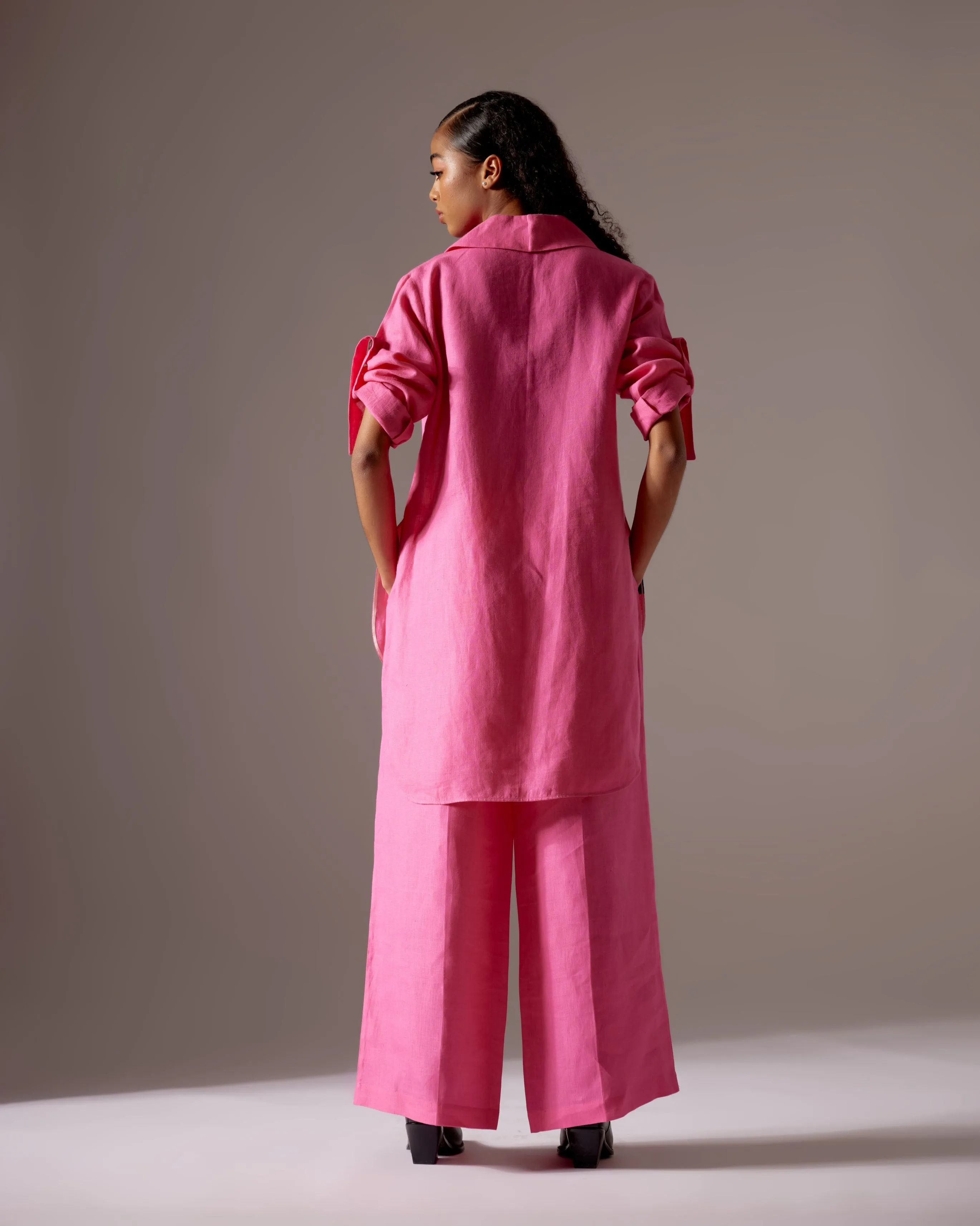 PINK LINEN LINES SHIRT FIT JACKET CO-ORD