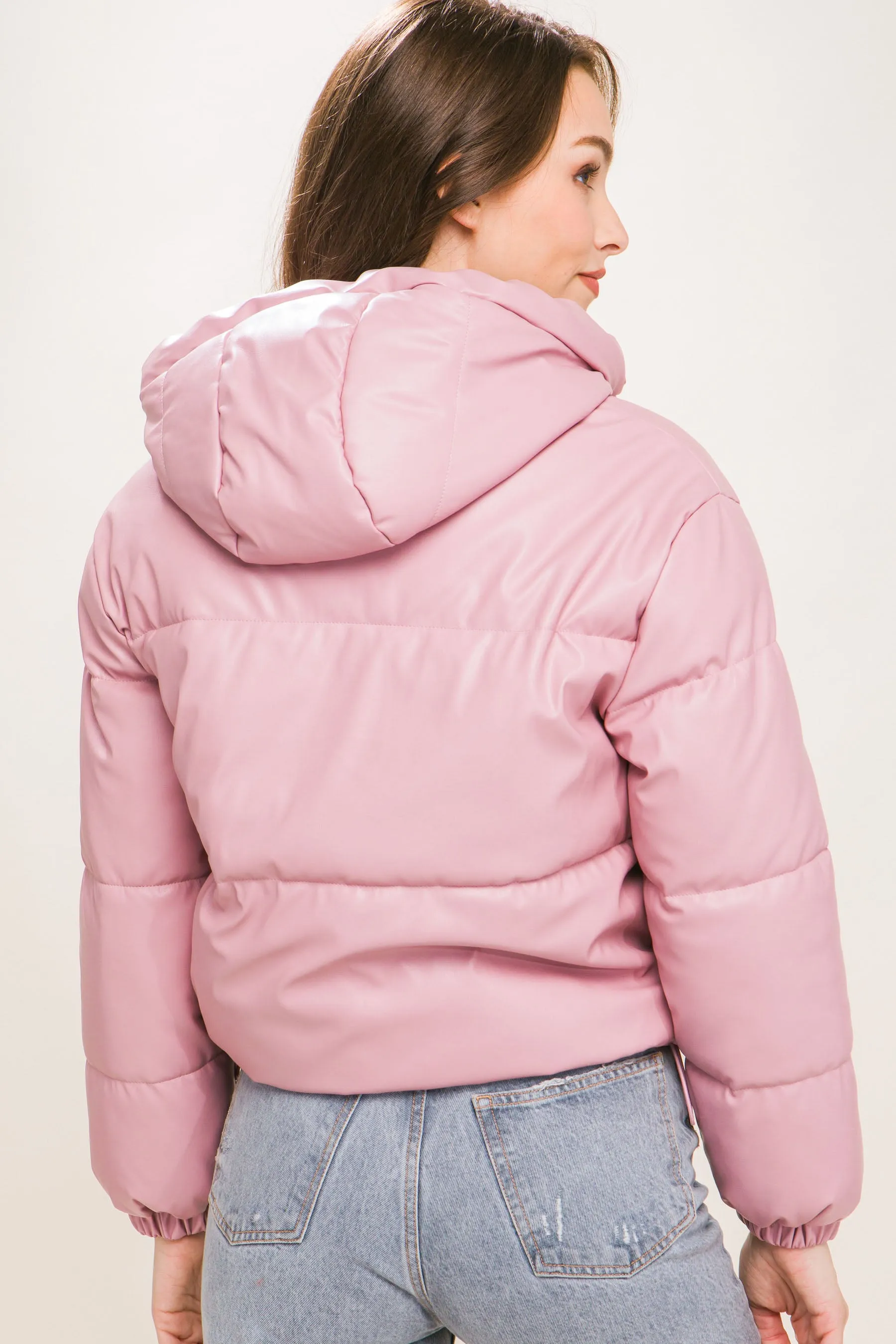 Pink Pu Faux Leather Zipper Hooded Puffer Jacket