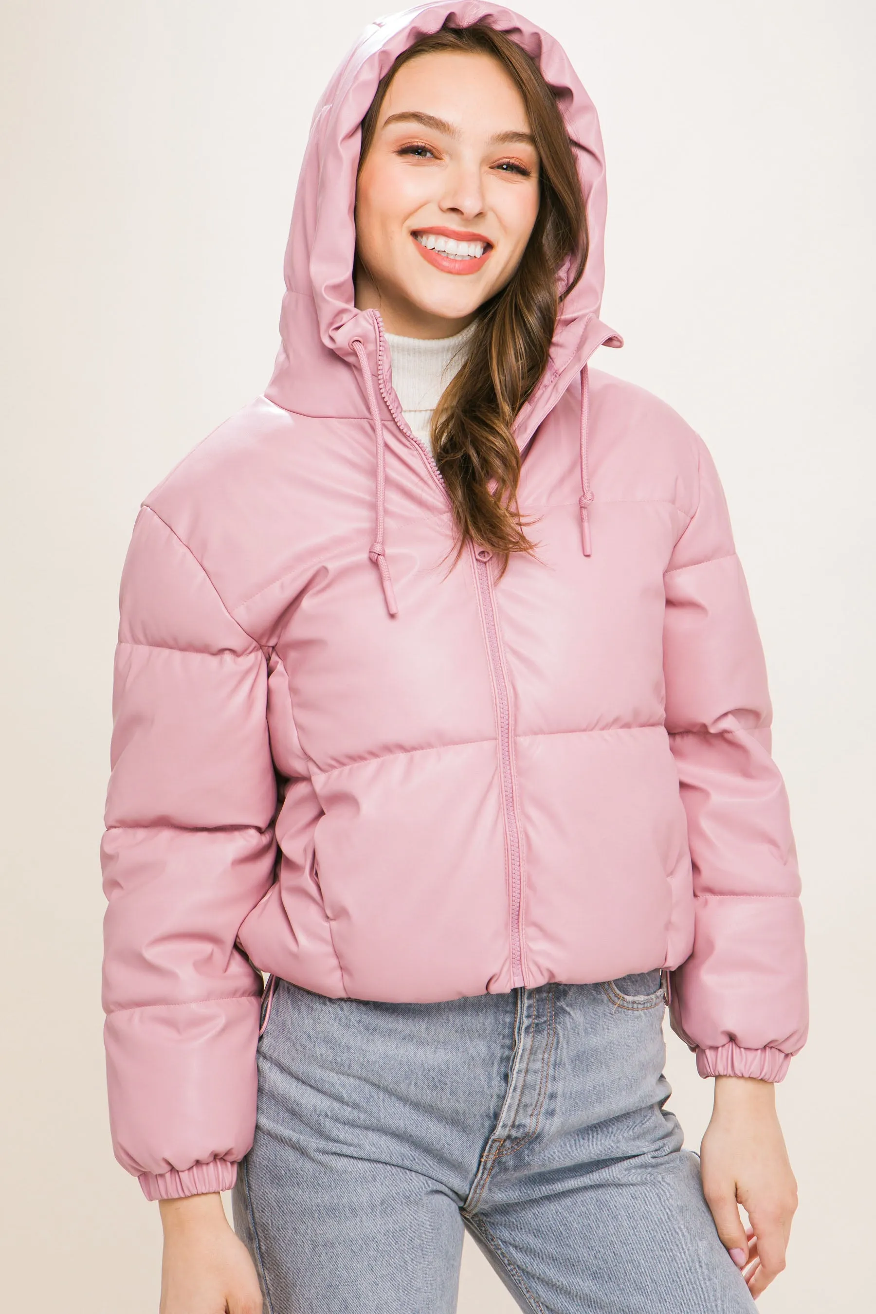 Pink Pu Faux Leather Zipper Hooded Puffer Jacket