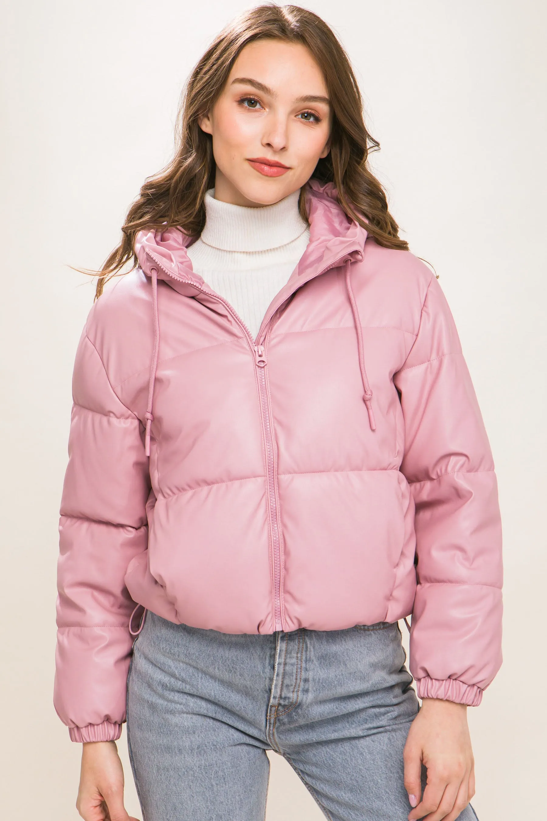 Pink Pu Faux Leather Zipper Hooded Puffer Jacket