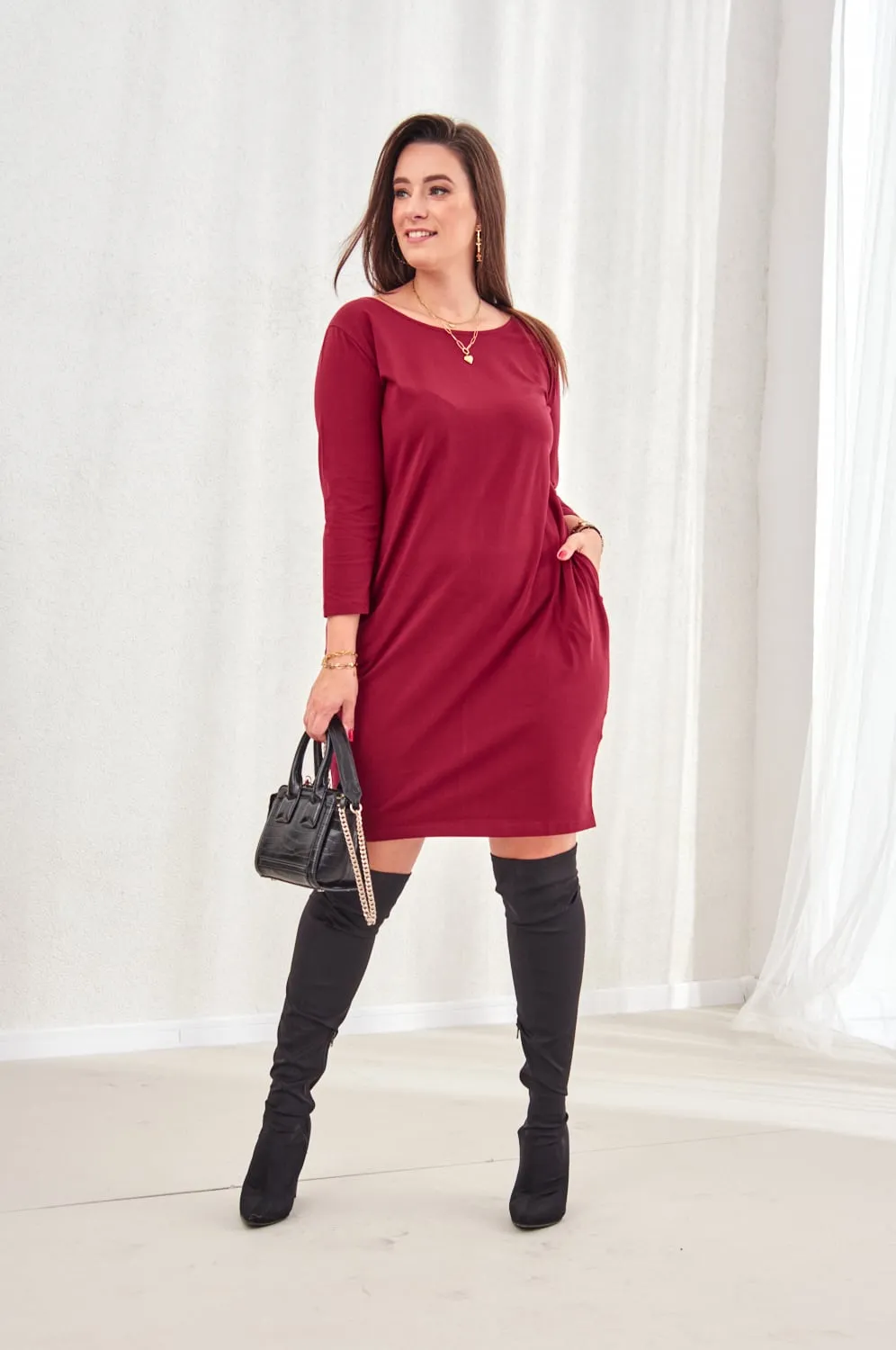 Plus Size Minimalist Basic Burgundy Dress FK563