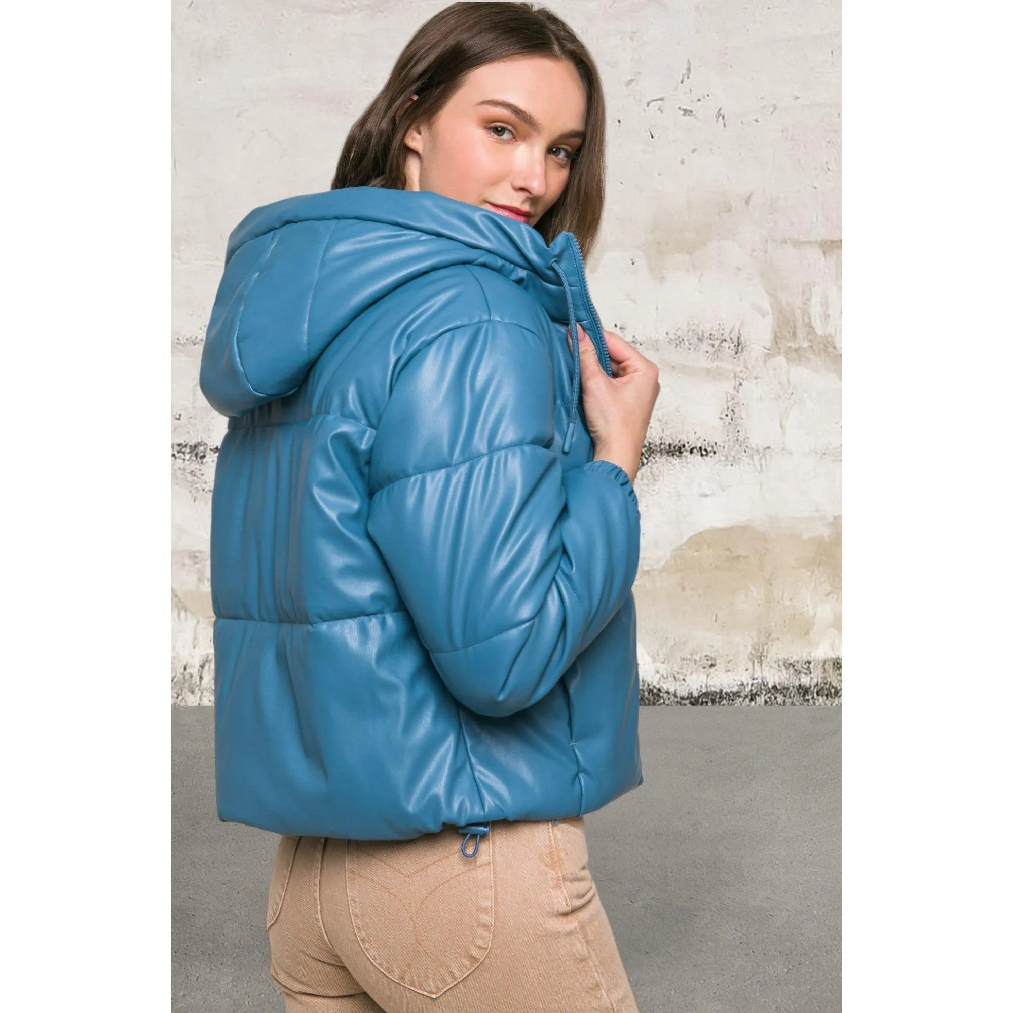 Pu Faux Leather Zipper Hooded Jacket