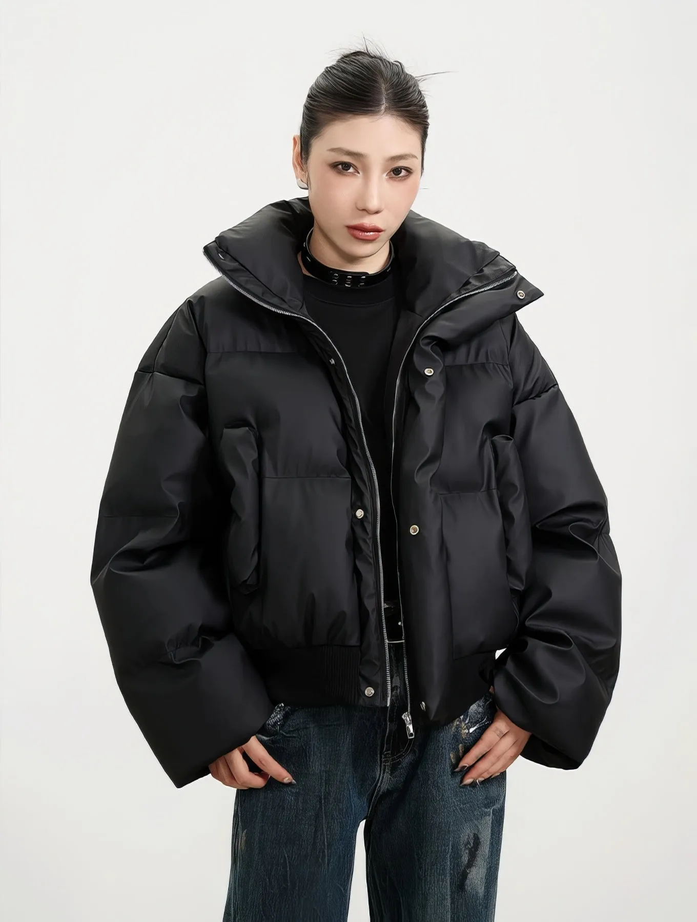 Puffer Jacket with Ribbed Hem and Zippered Pockets