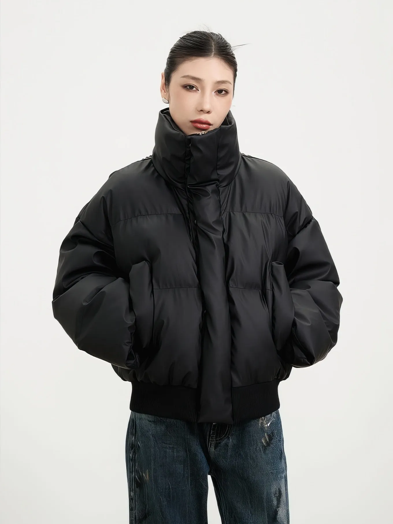 Puffer Jacket with Ribbed Hem and Zippered Pockets