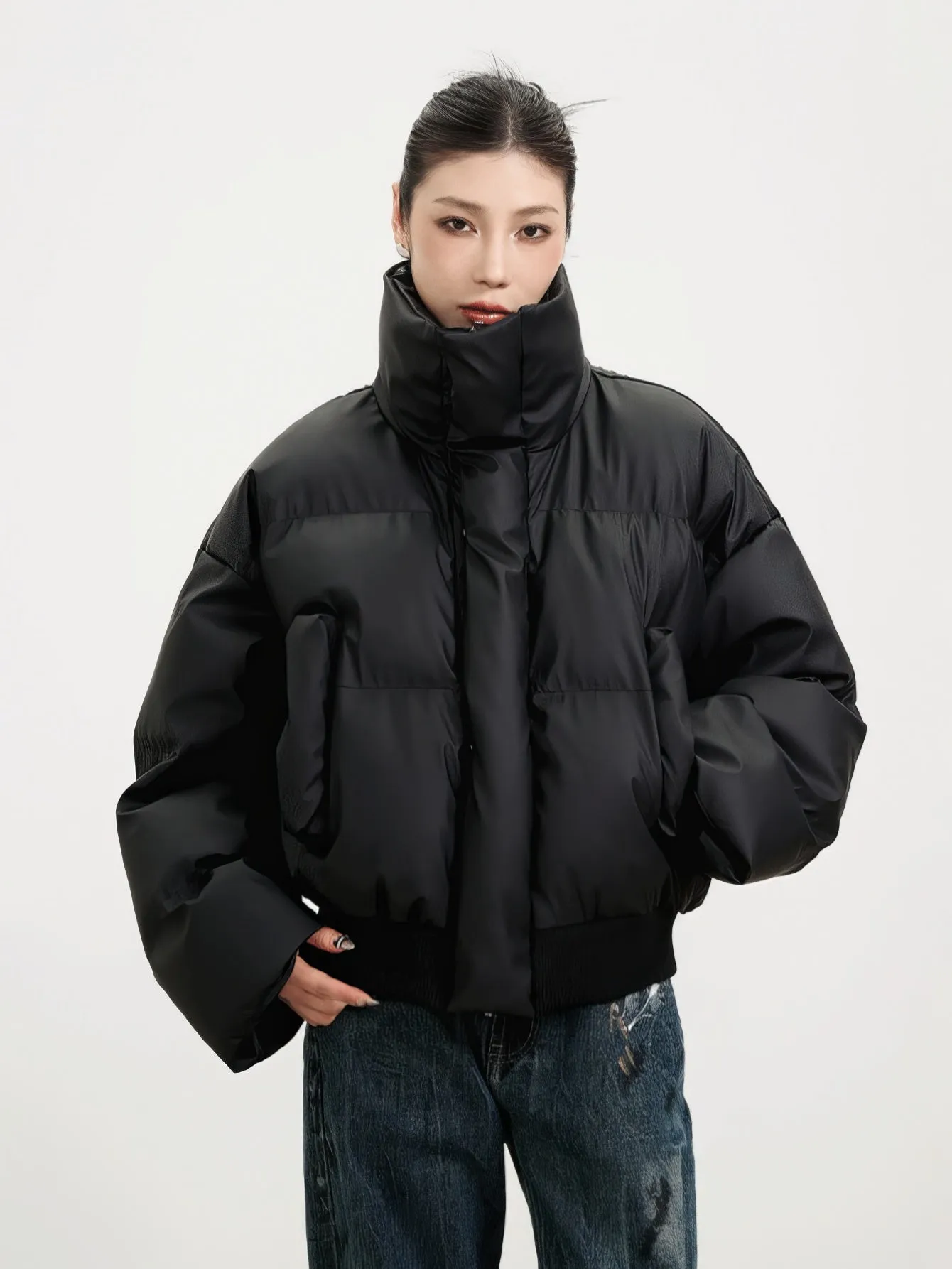 Puffer Jacket with Ribbed Hem and Zippered Pockets