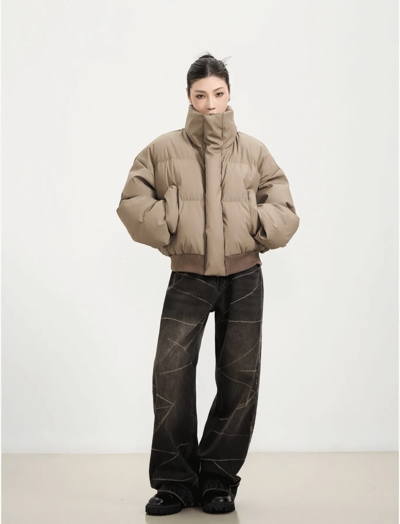 Puffer Jacket with Ribbed Hem and Zippered Pockets