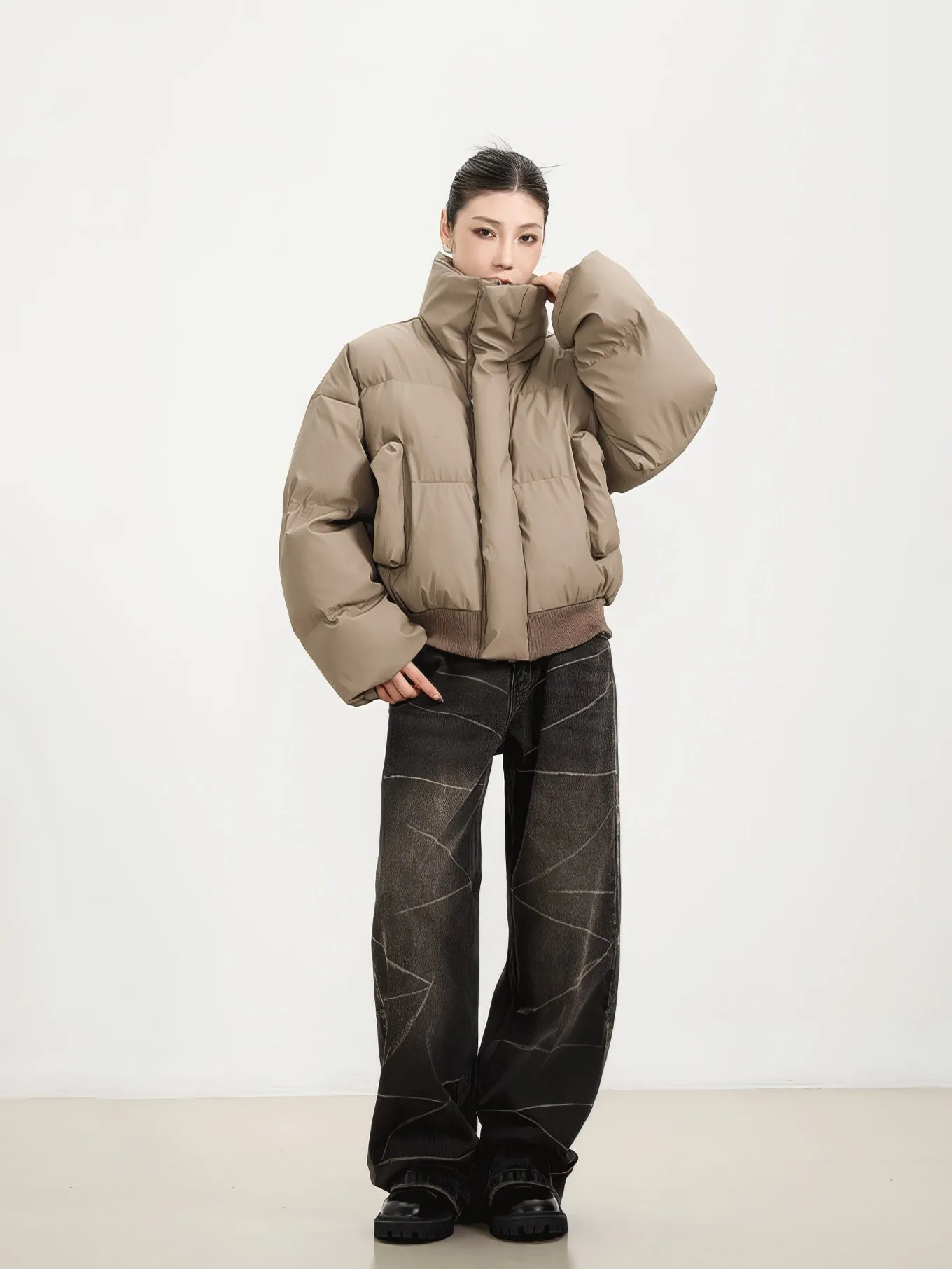 Puffer Jacket with Ribbed Hem and Zippered Pockets