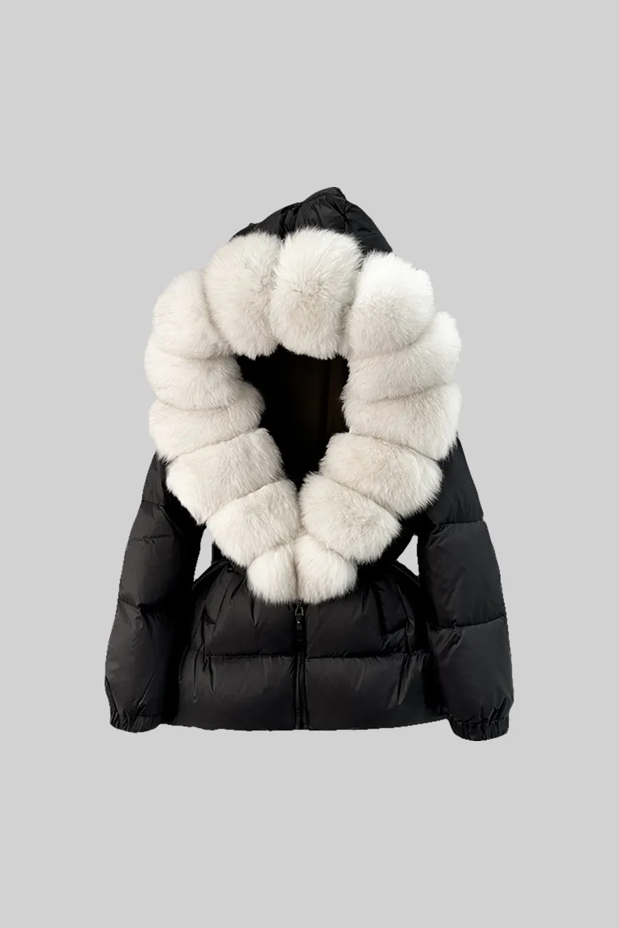 Puffer Jacket With Waistbelt And White Fox Fur-Lined Hood - Black