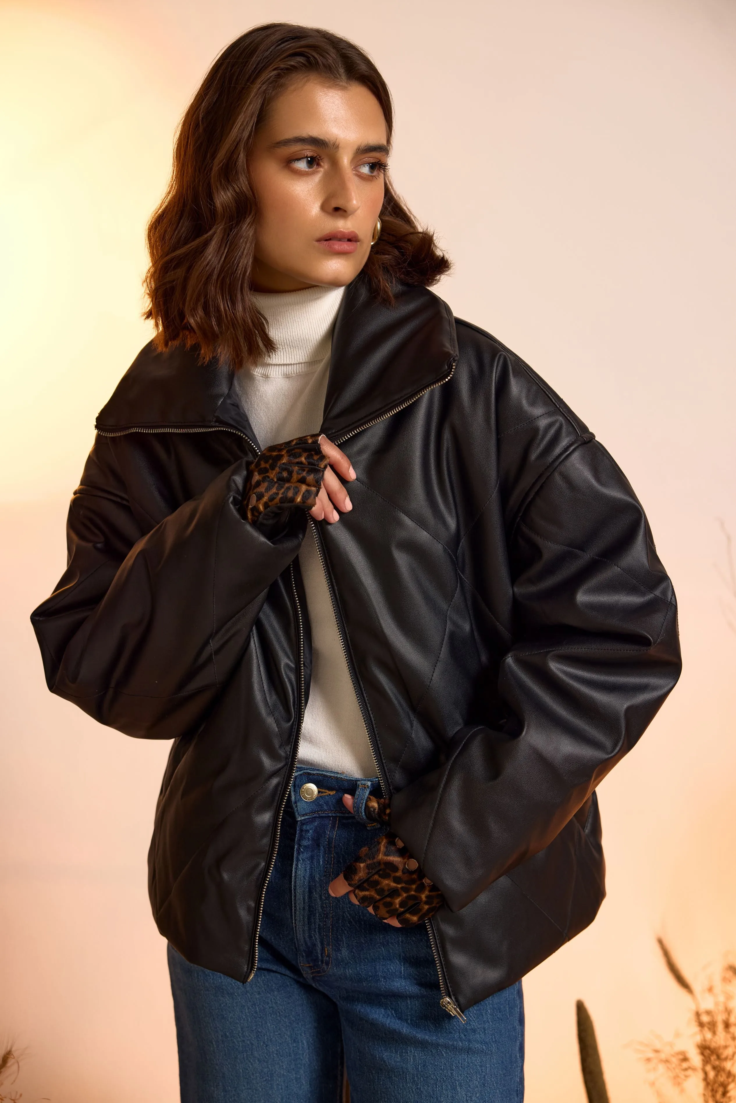 Quilted Faux Leather Puffer Jacket