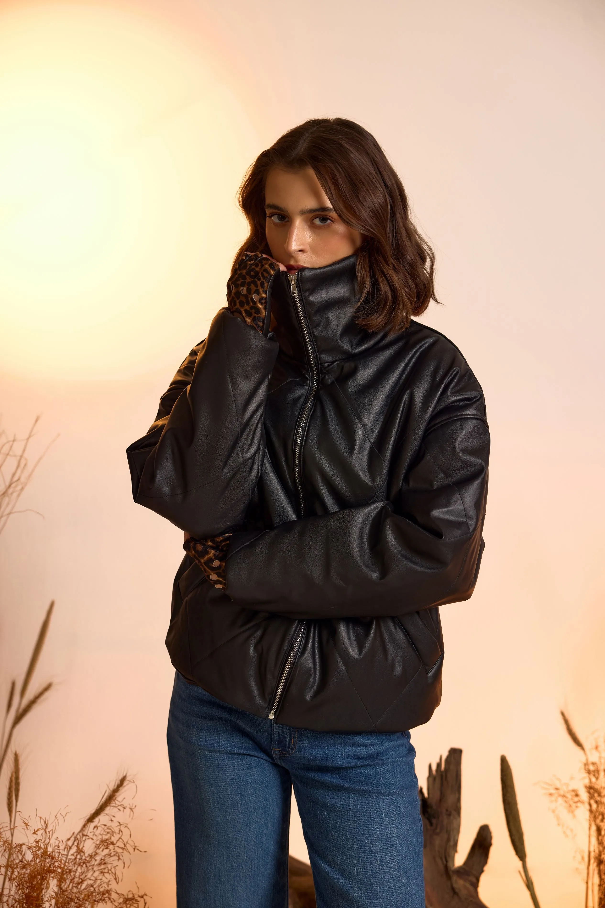 Quilted Faux Leather Puffer Jacket