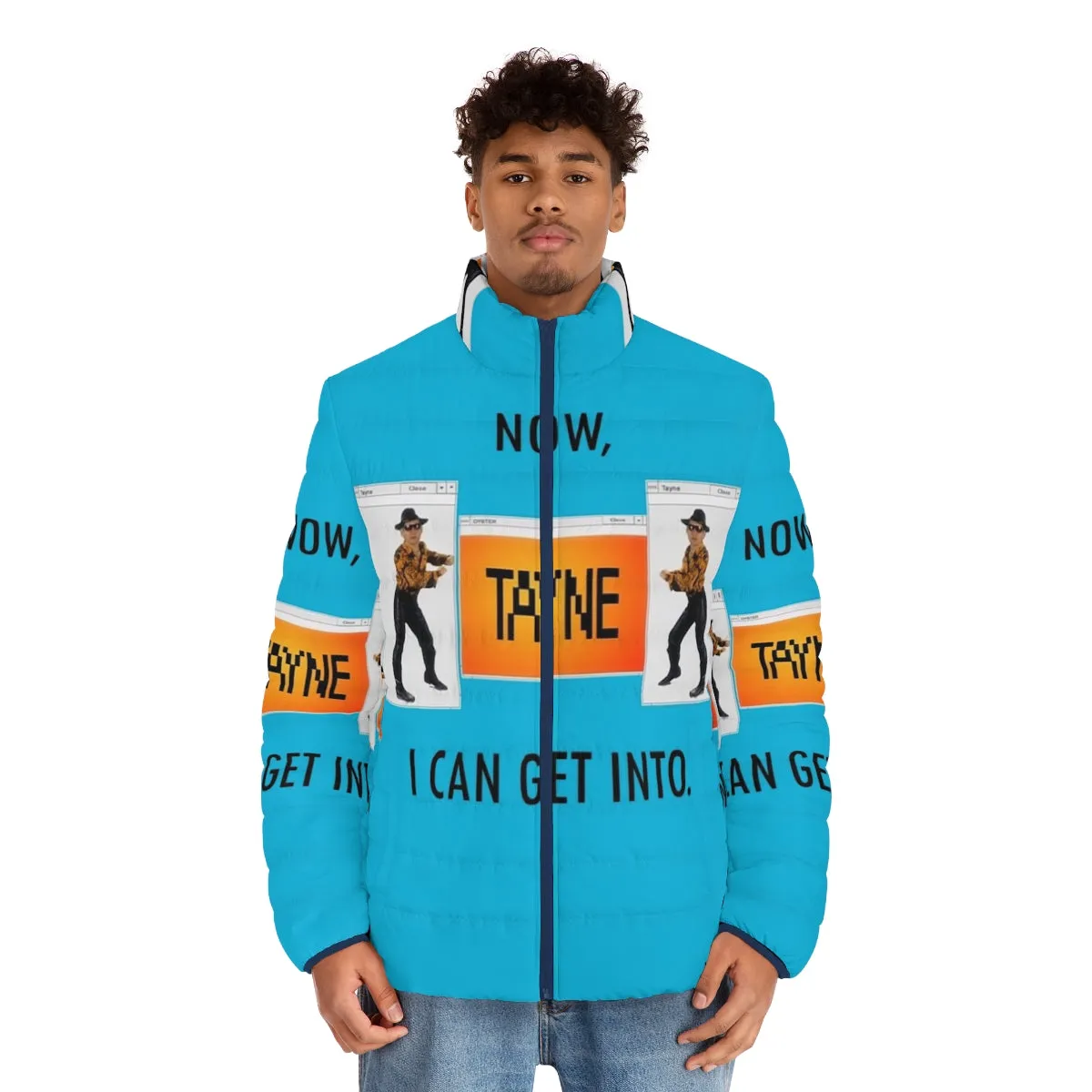 "Tayne-Inspired Puffer Jacket: A Retro Comedy Piece"