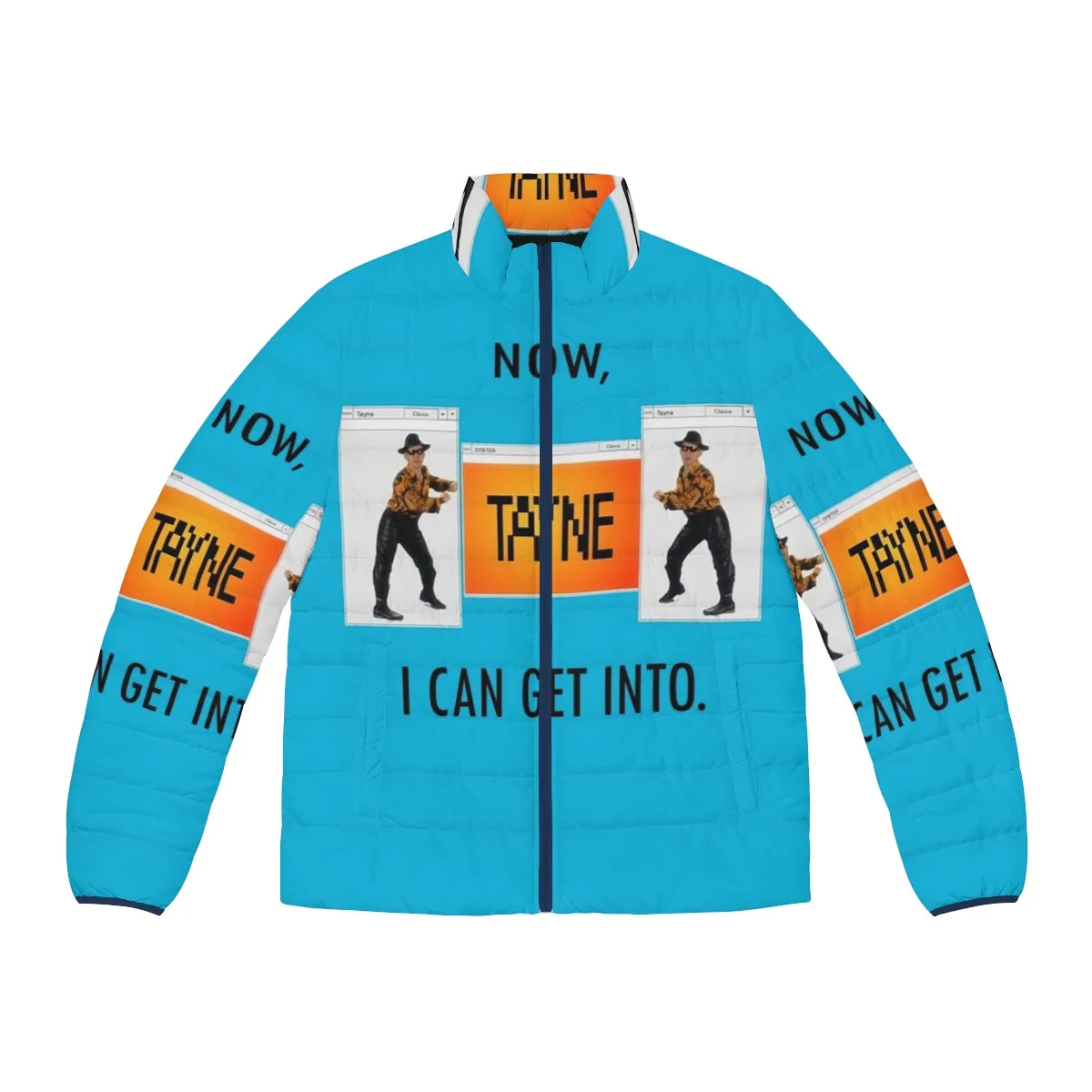 "Tayne-Inspired Puffer Jacket: A Retro Comedy Piece"