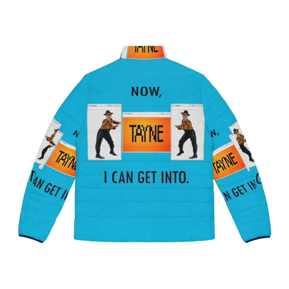 "Tayne-Inspired Puffer Jacket: A Retro Comedy Piece"