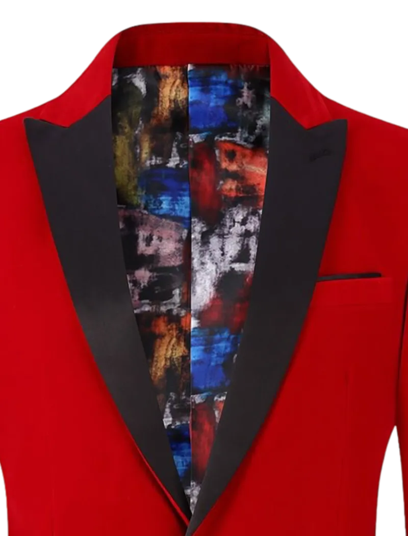 Red Men's velvet Blazer Peak Lapel Slim-Fit with Bowtie