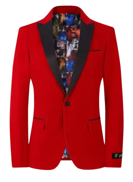 Red Men's velvet Blazer Peak Lapel Slim-Fit with Bowtie