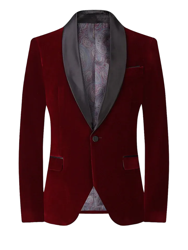 Red Men's velvet Tuxedo Blazer Shall Lapel Slim-Fit with Bowtie