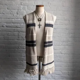 Retro Striped Minimalist Knit Shag Fringe Sweater Vest Neutral Boho Cardigan Top