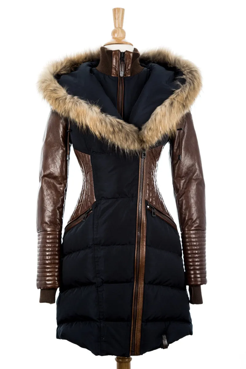 Shauna Leather Down Coat With Fur Trim