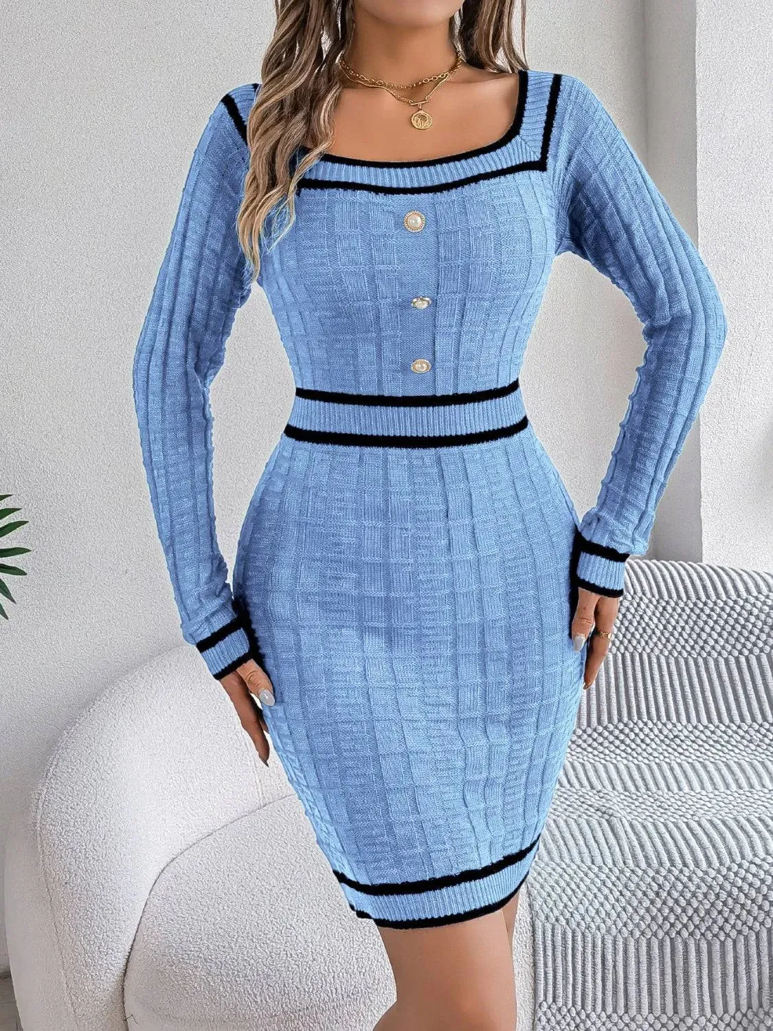 Sleek Contrast Trim Long Sleeve Knit Dress