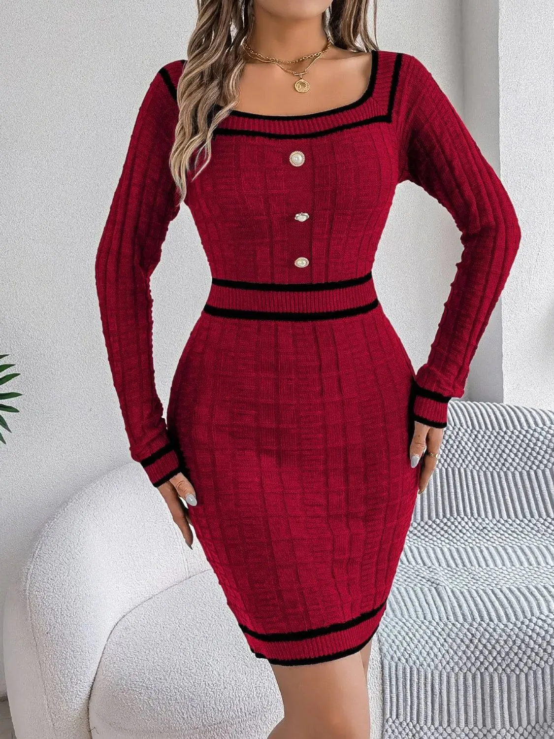 Sleek Contrast Trim Long Sleeve Knit Dress