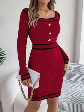 Sleek Contrast Trim Long Sleeve Knit Dress