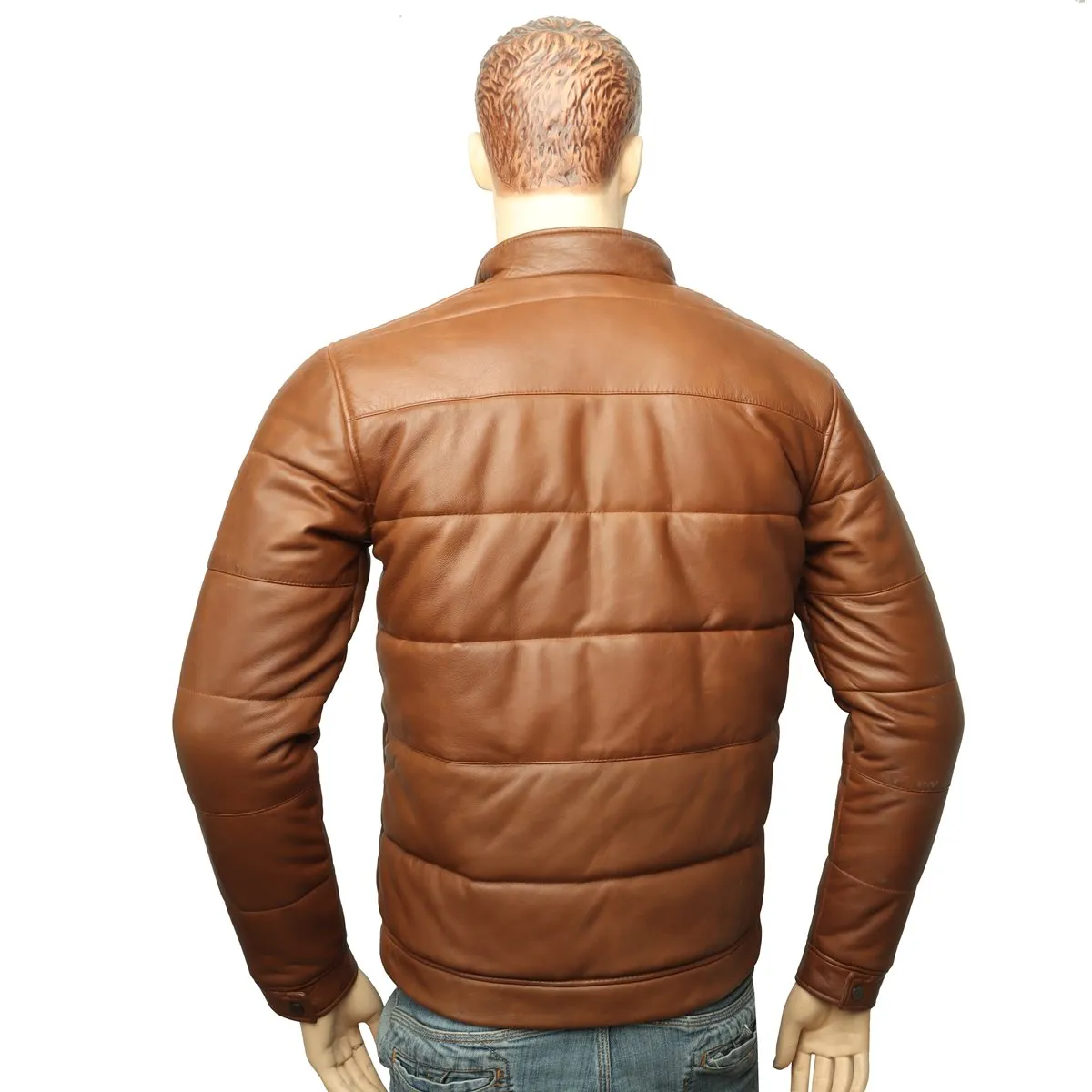 TAN GENUINE LEATHER PUFFER JACKET