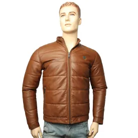 TAN GENUINE LEATHER PUFFER JACKET