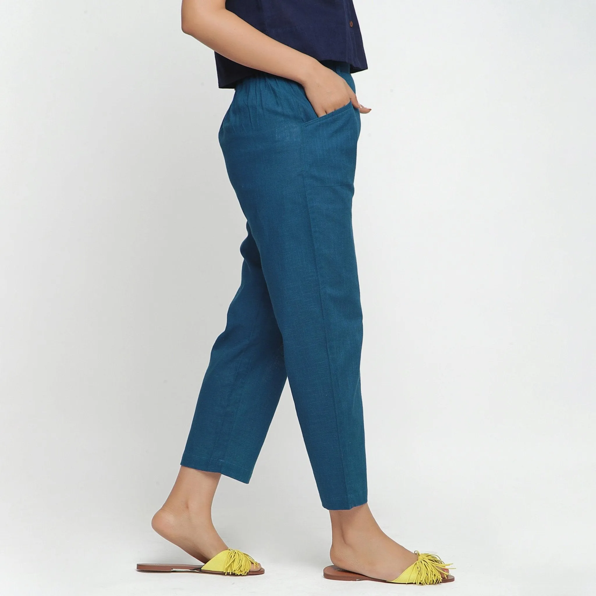 Teal 100% Cotton Elasticated Mid-Rise Chinos