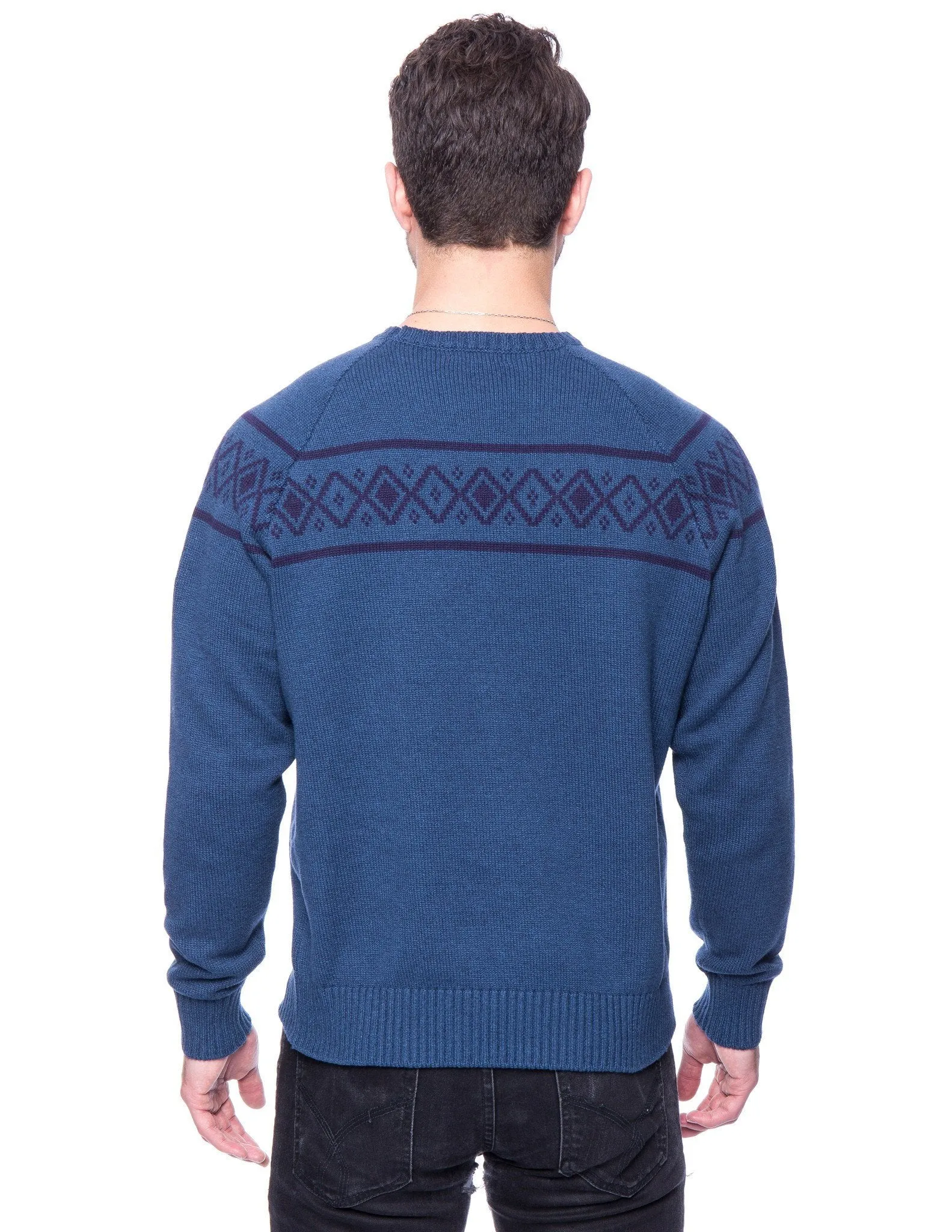 Tocco Reale Men's 100% Cotton Crew Neck Sweater with Fair Isle Stripe - Marl Navy/Teal