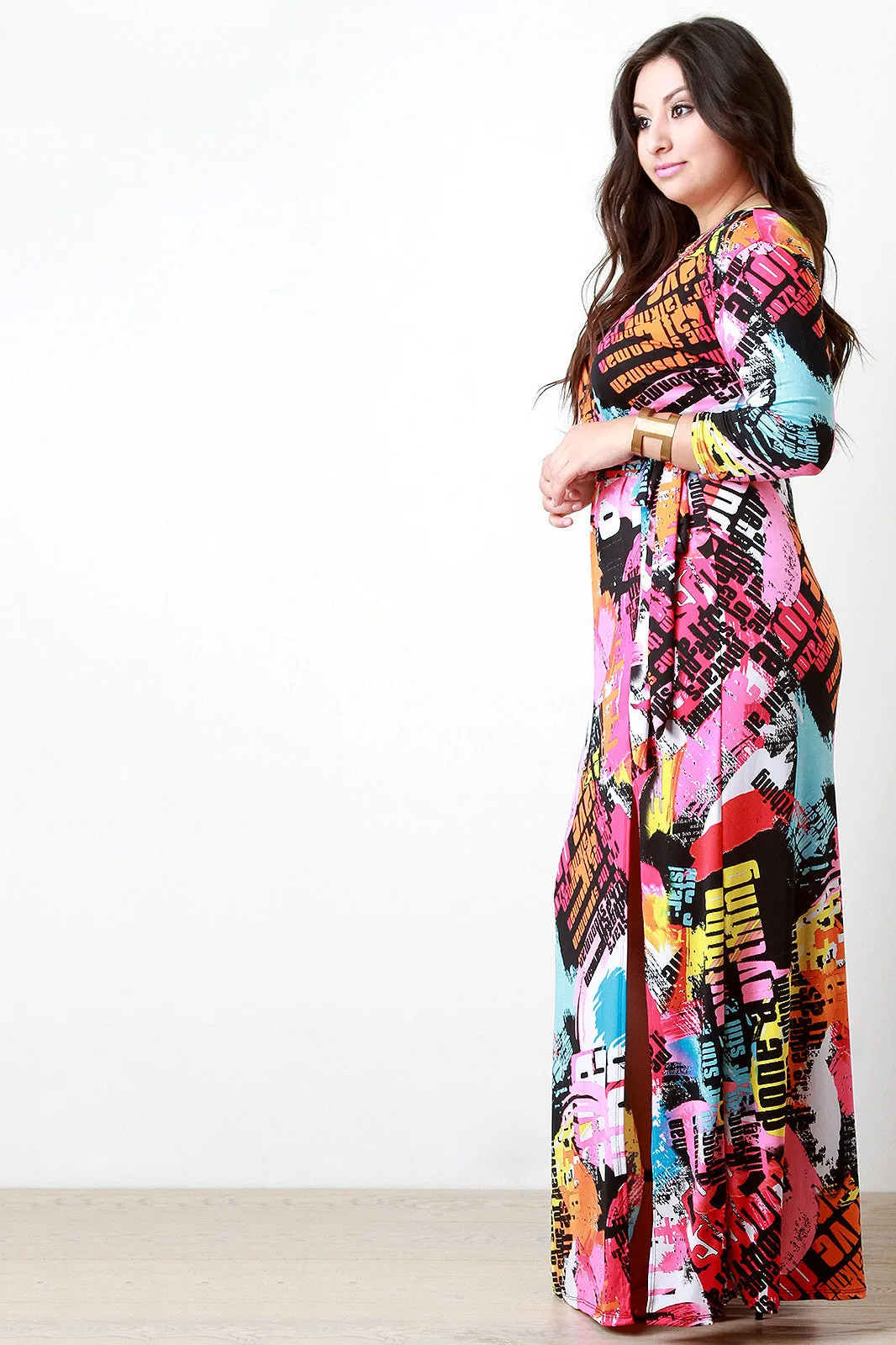 Urban Graffiti Surplice Front Slit Maxi Dress