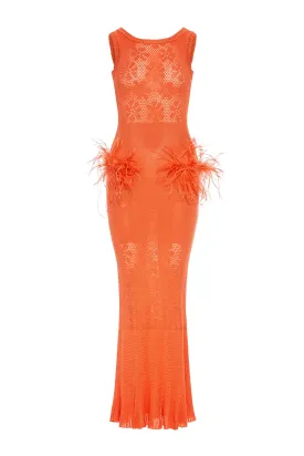 Vanilla Coral Knit Dress With Feathers