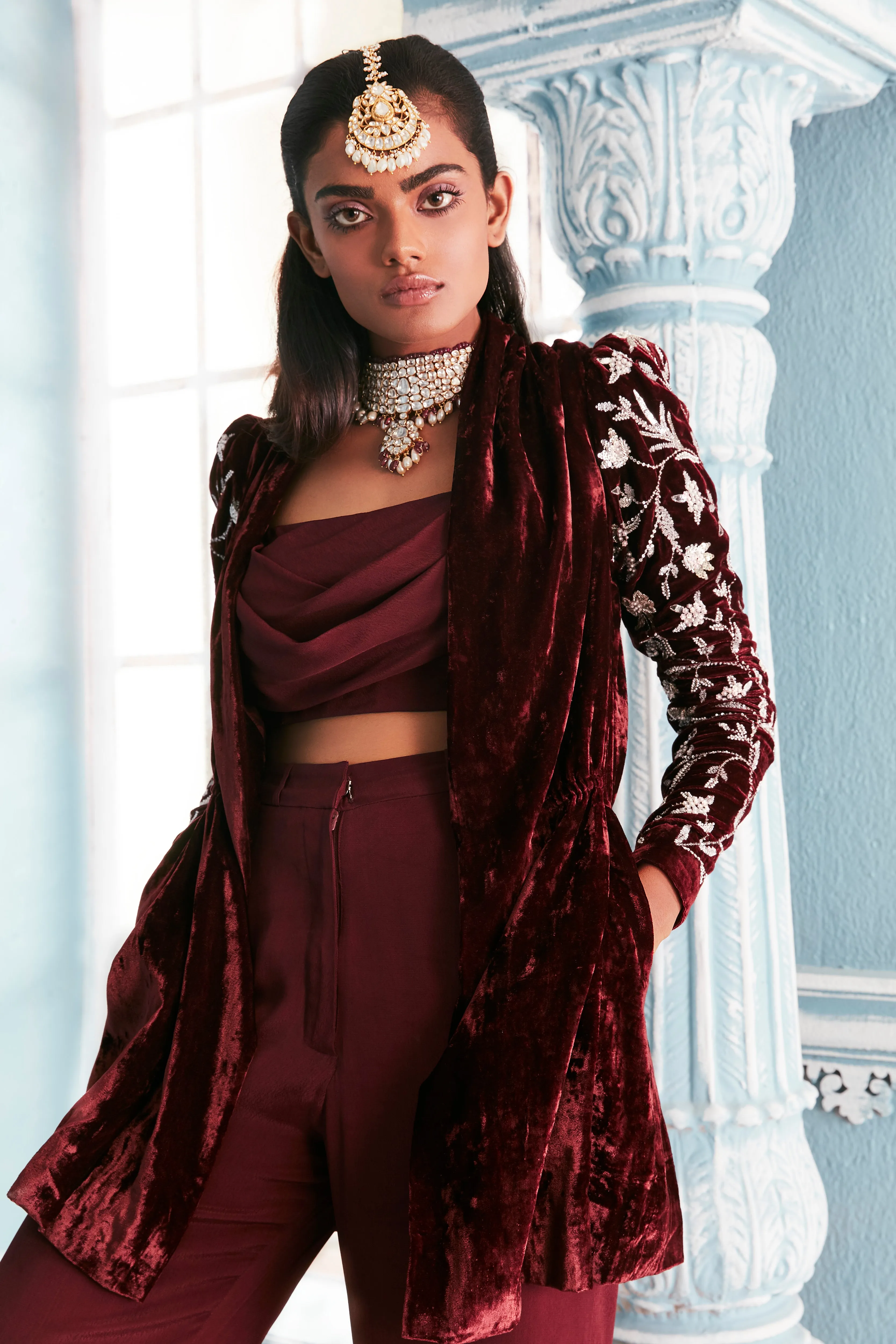 Velvet blazer set with embellished sleeves and crop top