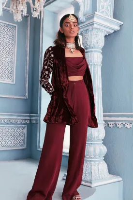 Velvet blazer set with embellished sleeves and crop top