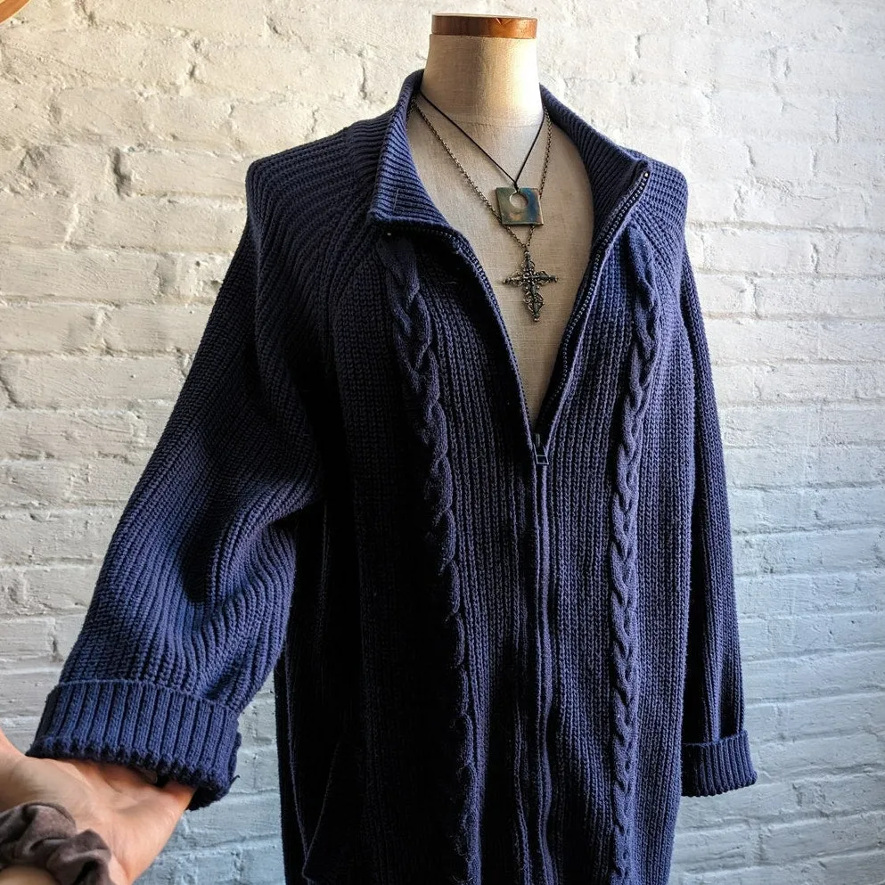 Vintage Navy Chunky Cable Knit Cardigan Minimalist Coastal Granny Sweater Top