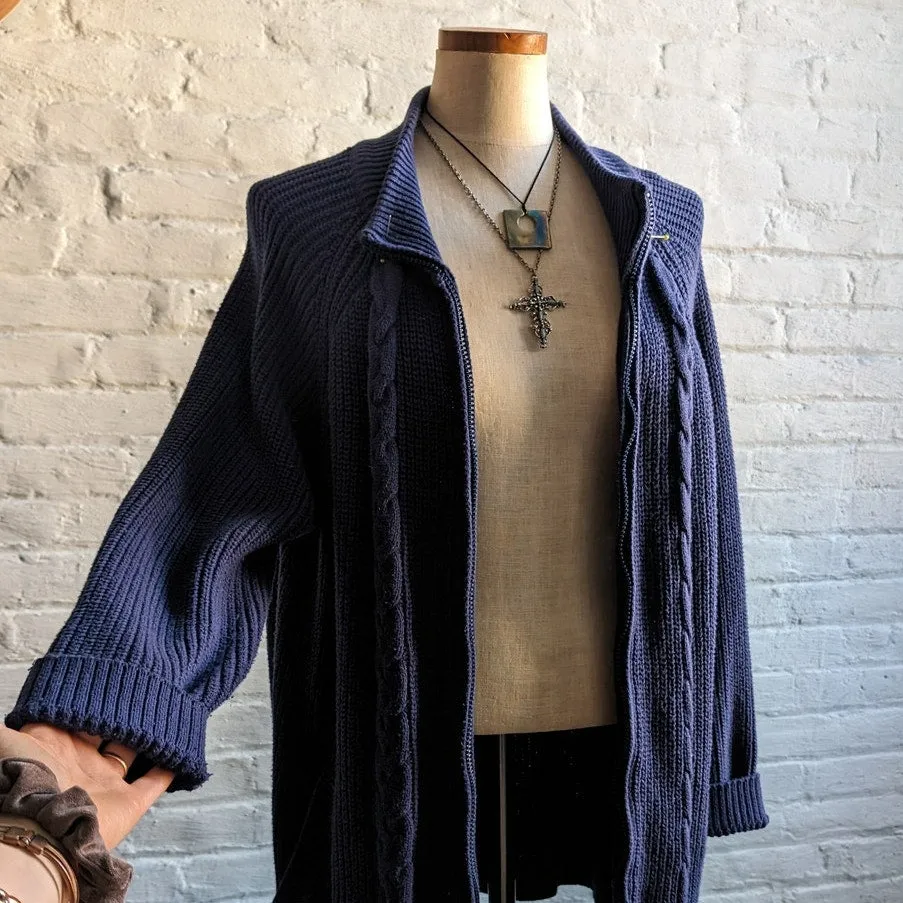 Vintage Navy Chunky Cable Knit Cardigan Minimalist Coastal Granny Sweater Top