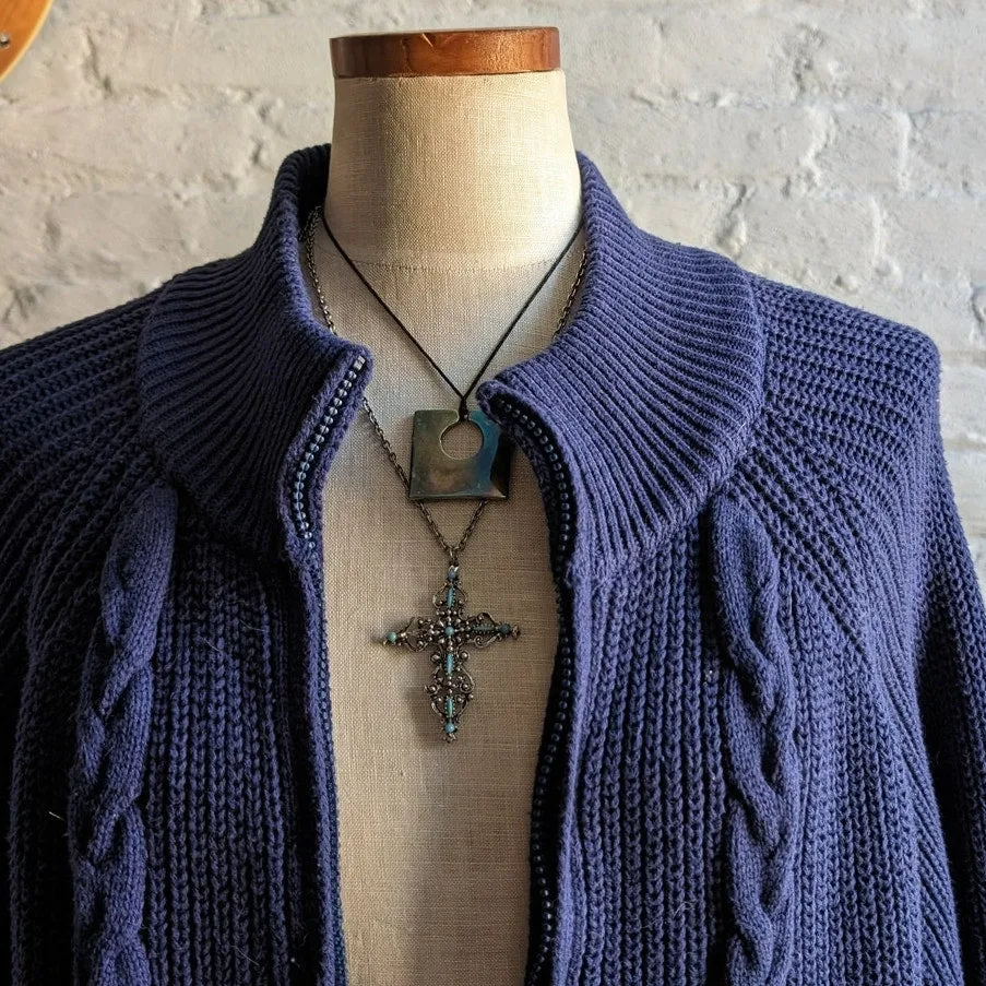 Vintage Navy Chunky Cable Knit Cardigan Minimalist Coastal Granny Sweater Top