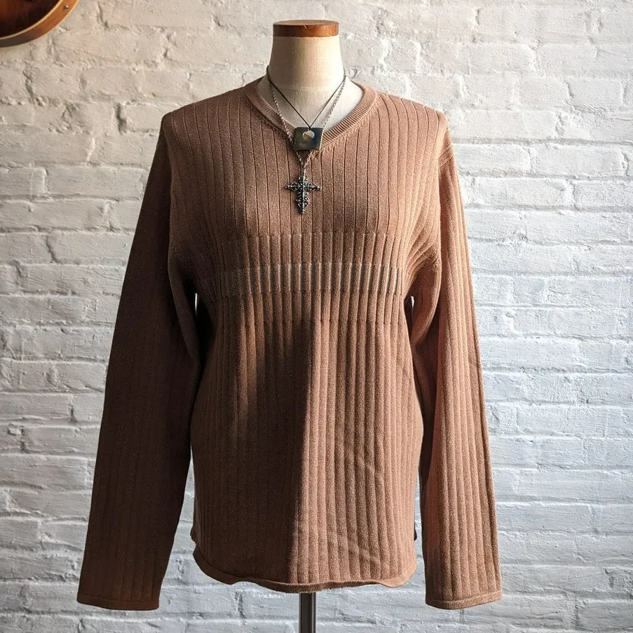 Vintage Neutral Brown Ribbed Knit Sweater Y2K Minimalist Neutral Longline Top