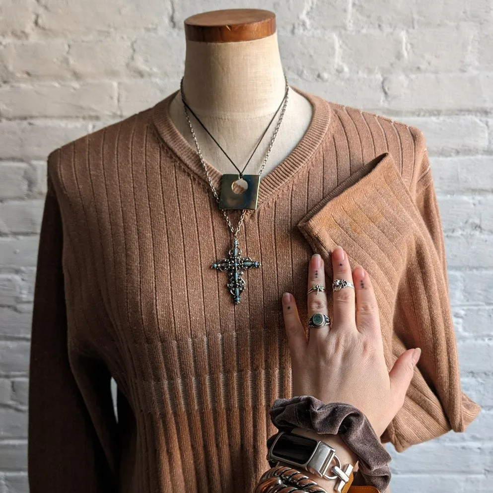 Vintage Neutral Brown Ribbed Knit Sweater Y2K Minimalist Neutral Longline Top