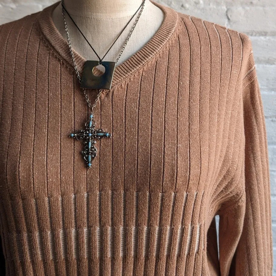 Vintage Neutral Brown Ribbed Knit Sweater Y2K Minimalist Neutral Longline Top