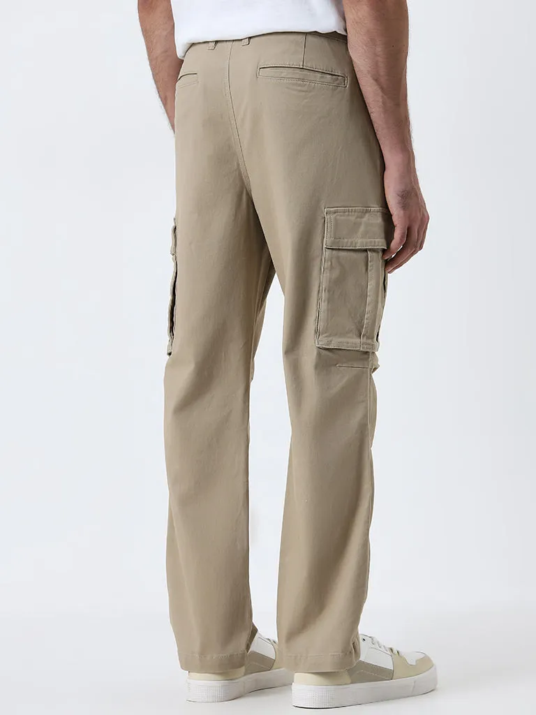 WES Casuals Beige Mid-Rise Relaxed-Fit Cotton Blend Chinos