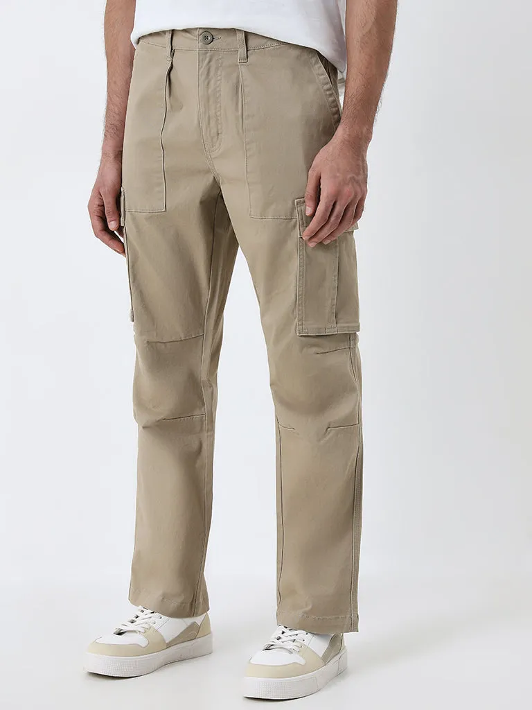 WES Casuals Beige Mid-Rise Relaxed-Fit Cotton Blend Chinos