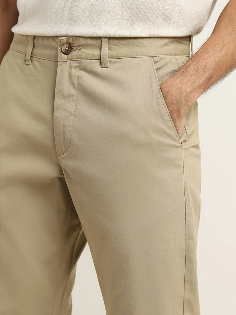 WES Casuals Beige Relaxed-Fit Mid-Rise Cotton Chinos