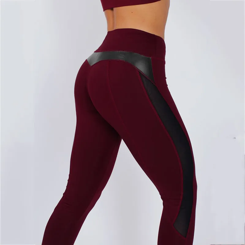 Wjczt Solid High Waist Fitness Legging Women Heart Workout Leggins Femme Fashion Mesh And PU Leather Patchwork Leggings