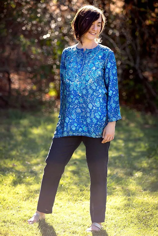 Women's Embroidered Silk Tunic Top in Turquoise Blue