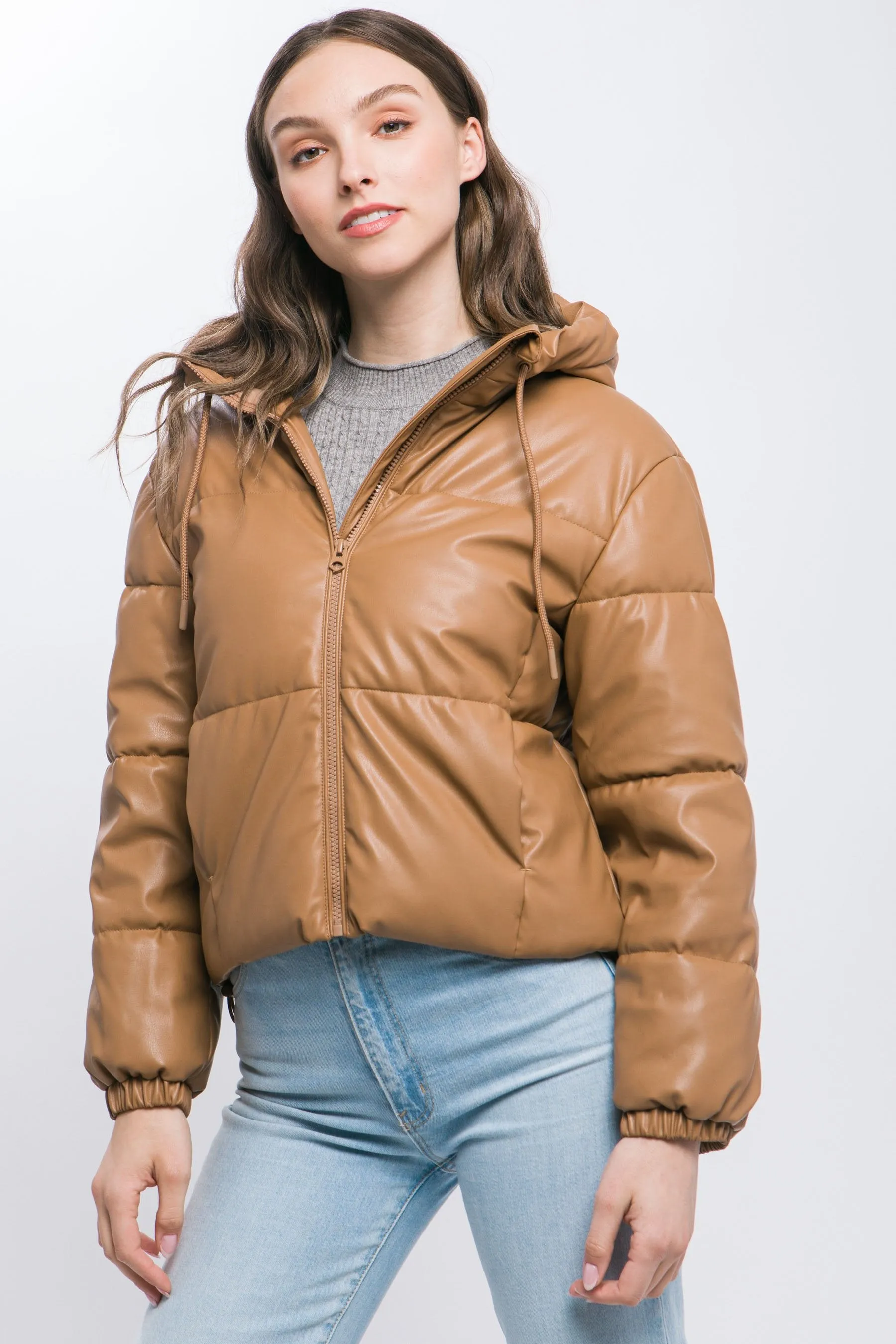 Women's faux leather zipper hooded puffer jacket