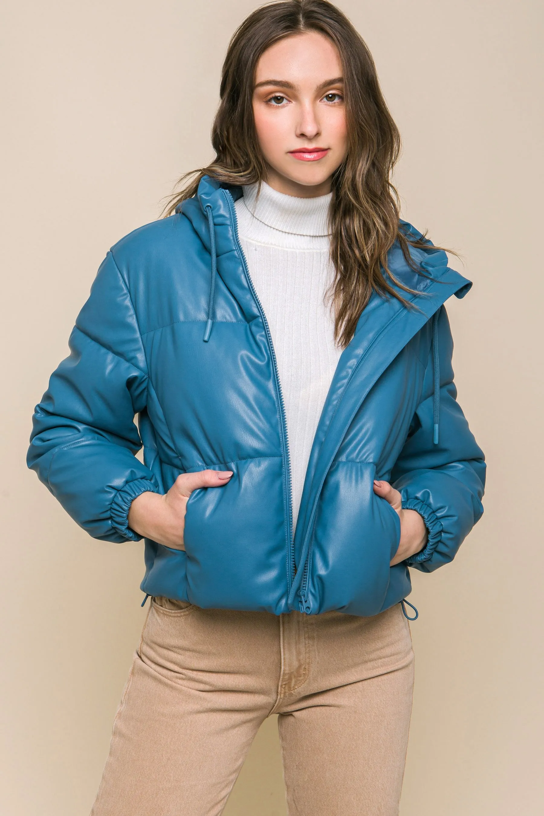 Women's faux leather zipper hooded puffer jacket